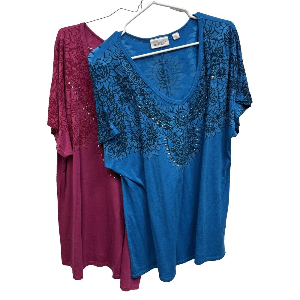 Avenue Tees Set Of Two 18 20 Colorful Blue Pink Bling V Neck Floral Stretch